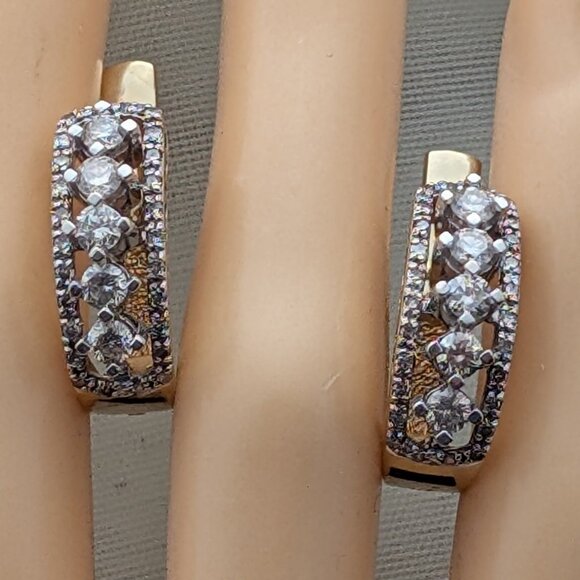 Russian Russia Solid 14K Yellow White Gold Diamond Cluster Pierced Earrings - Picture 1 of 10